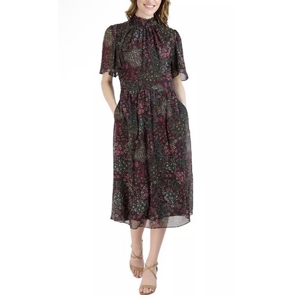 julia jordan Dresses & Skirts - Julia Jordan Dark Floral Dress 4 Flutter Sleeve A-Line Romantic Cottagecore Midi